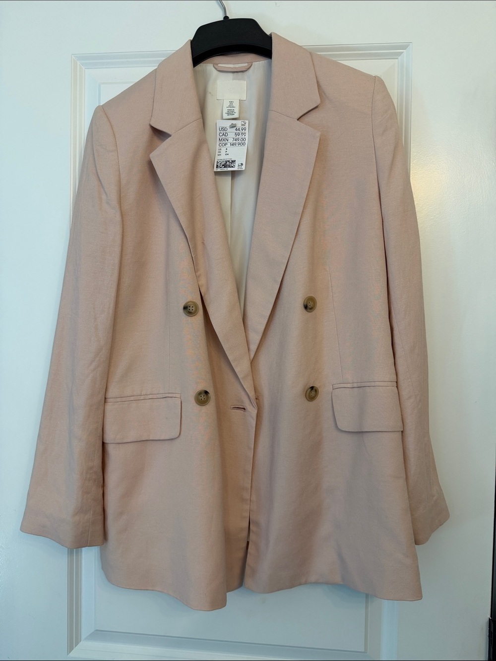 H&M Double-Breasted Blazer in Pale Pink